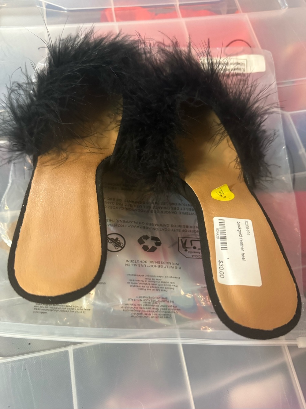 Black Feather & gold Metal-Toe Stiletto Mules - Picture 2 of 5